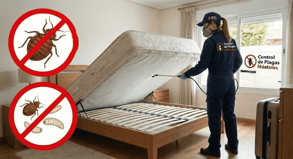 Aplicación de tratamiento térmico y químico para eliminar chinches de cama en dormitorio de Móstoles.