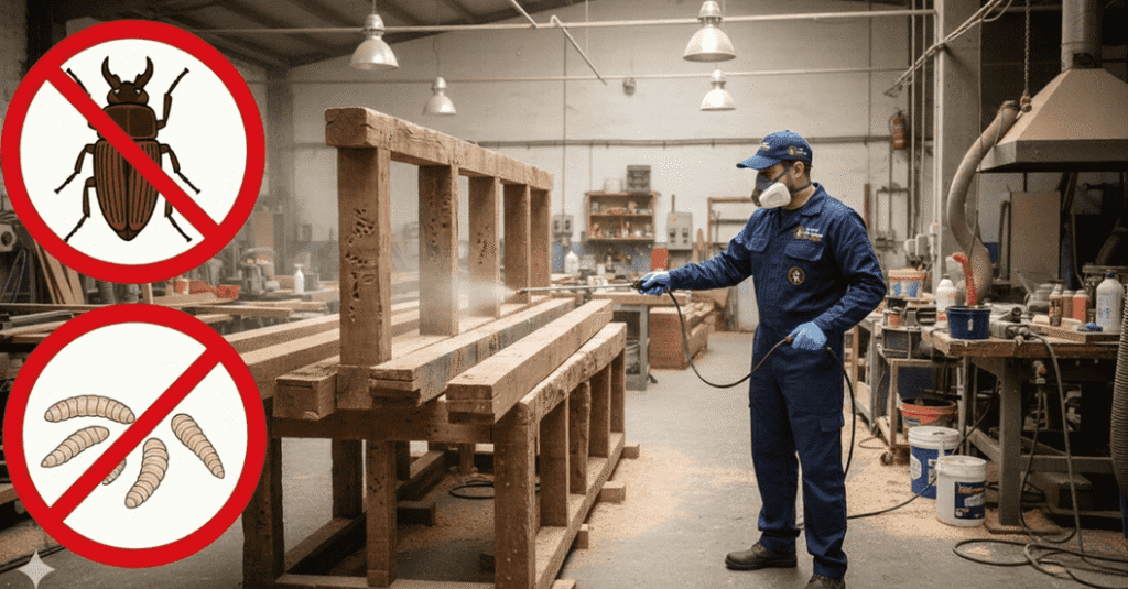 Técnico aplicando tratamiento de inyección en vigas de madera para eliminar termitas y carcoma en vivienda de Móstoles.